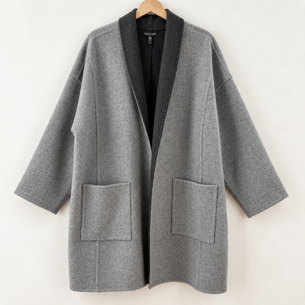 Eileen Fisher Quiet Luxury Wool Cashmere Coat Women 3X Minimalist Grey Cardigan
